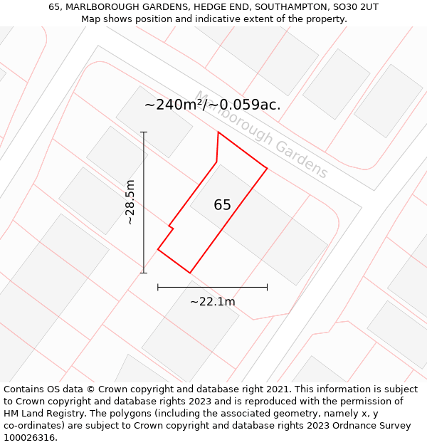 65, MARLBOROUGH GARDENS, HEDGE END, SOUTHAMPTON, SO30 2UT: Plot and title map