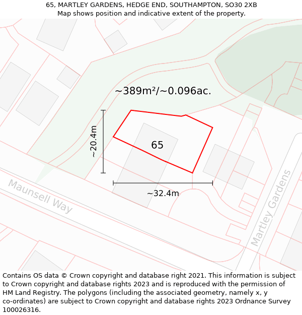 65, MARTLEY GARDENS, HEDGE END, SOUTHAMPTON, SO30 2XB: Plot and title map