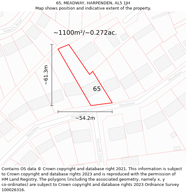 65, MEADWAY, HARPENDEN, AL5 1JH: Plot and title map