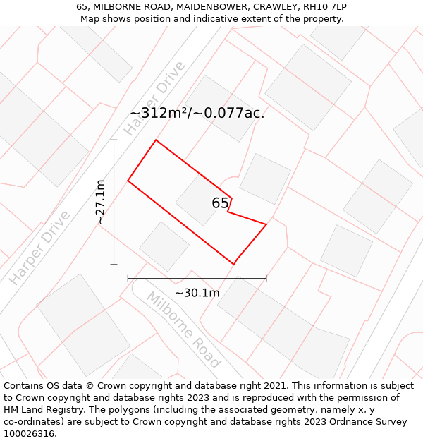 65, MILBORNE ROAD, MAIDENBOWER, CRAWLEY, RH10 7LP: Plot and title map