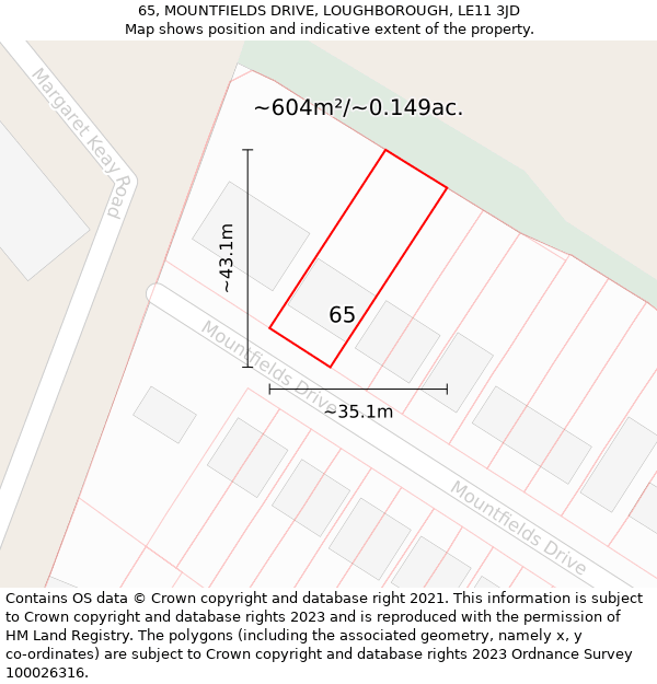 65, MOUNTFIELDS DRIVE, LOUGHBOROUGH, LE11 3JD: Plot and title map
