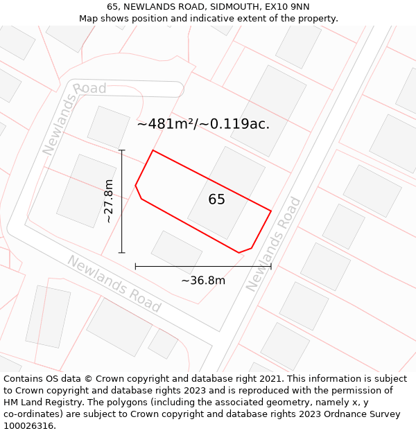 65, NEWLANDS ROAD, SIDMOUTH, EX10 9NN: Plot and title map