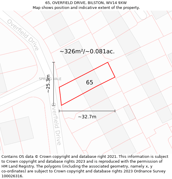 65, OVERFIELD DRIVE, BILSTON, WV14 9XW: Plot and title map
