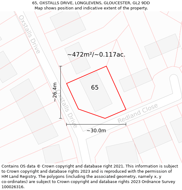 65, OXSTALLS DRIVE, LONGLEVENS, GLOUCESTER, GL2 9DD: Plot and title map