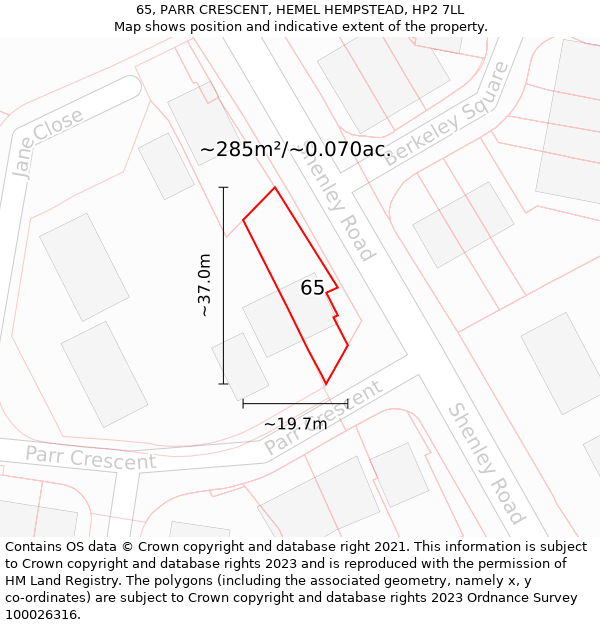 65, PARR CRESCENT, HEMEL HEMPSTEAD, HP2 7LL: Plot and title map