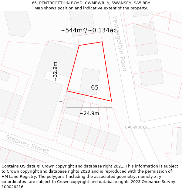 65, PENTREGETHIN ROAD, CWMBWRLA, SWANSEA, SA5 8BA: Plot and title map