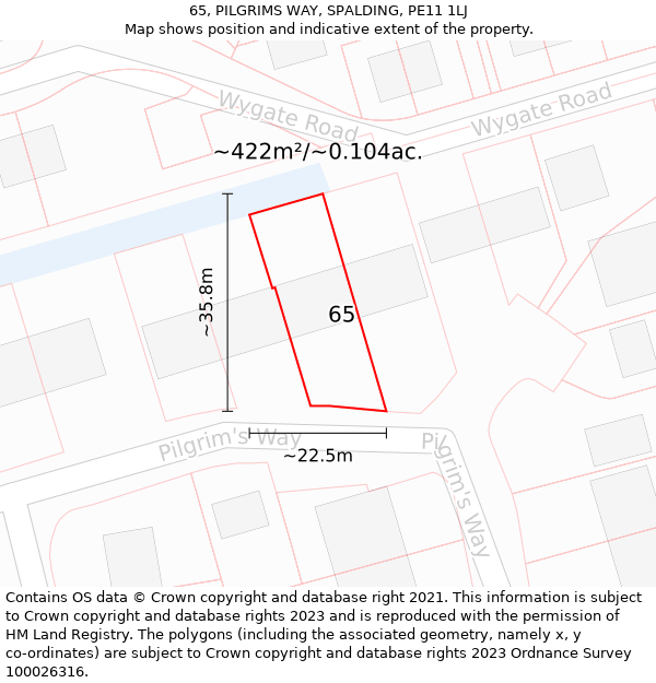 65, PILGRIMS WAY, SPALDING, PE11 1LJ: Plot and title map