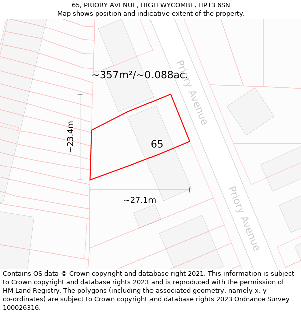 65, PRIORY AVENUE, HIGH WYCOMBE, HP13 6SN: Plot and title map