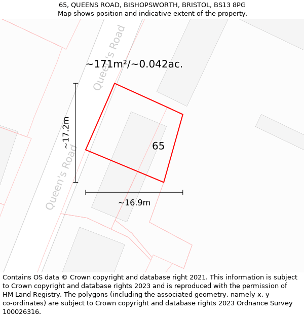 65, QUEENS ROAD, BISHOPSWORTH, BRISTOL, BS13 8PG: Plot and title map