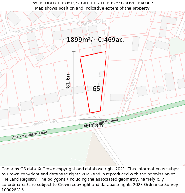 65, REDDITCH ROAD, STOKE HEATH, BROMSGROVE, B60 4JP: Plot and title map