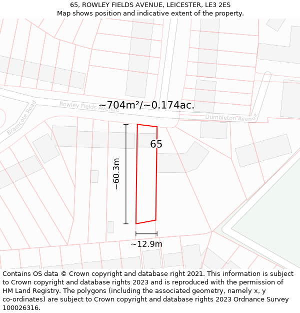 65, ROWLEY FIELDS AVENUE, LEICESTER, LE3 2ES: Plot and title map