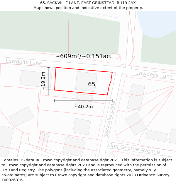 65, SACKVILLE LANE, EAST GRINSTEAD, RH19 2AX: Plot and title map