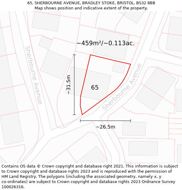 65, SHERBOURNE AVENUE, BRADLEY STOKE, BRISTOL, BS32 8BB: Plot and title map