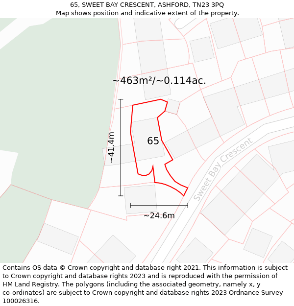 65, SWEET BAY CRESCENT, ASHFORD, TN23 3PQ: Plot and title map