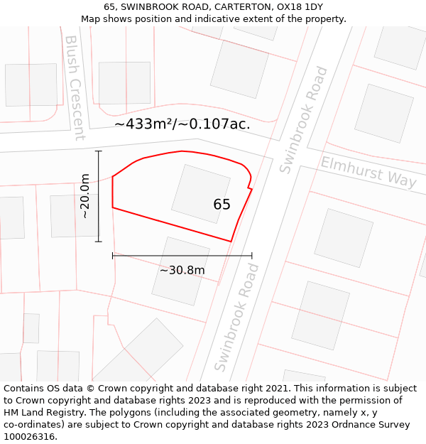 65, SWINBROOK ROAD, CARTERTON, OX18 1DY: Plot and title map