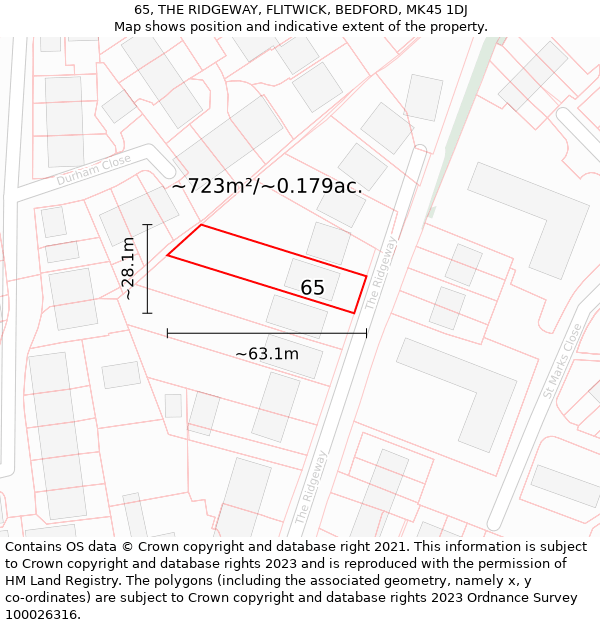 65, THE RIDGEWAY, FLITWICK, BEDFORD, MK45 1DJ: Plot and title map