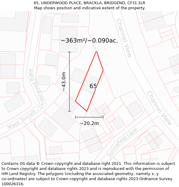 65, UNDERWOOD PLACE, BRACKLA, BRIDGEND, CF31 2LR: Plot and title map