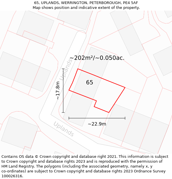 65, UPLANDS, WERRINGTON, PETERBOROUGH, PE4 5AF: Plot and title map