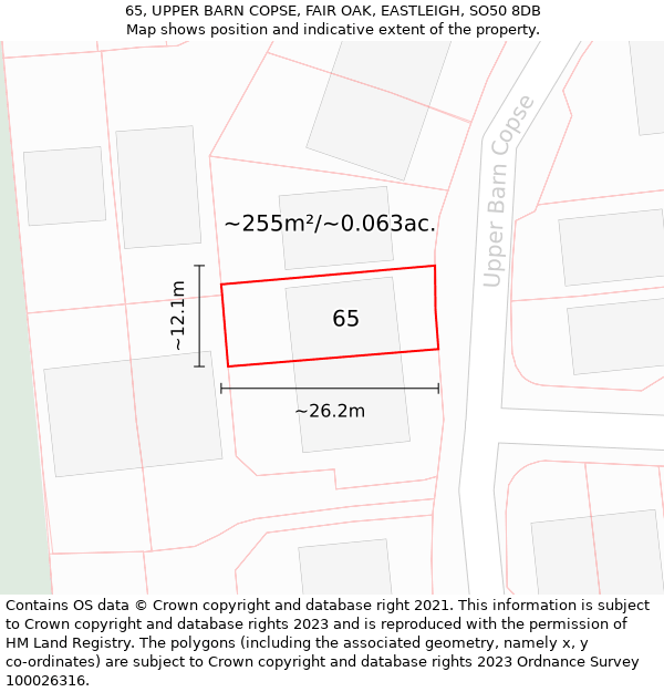 65, UPPER BARN COPSE, FAIR OAK, EASTLEIGH, SO50 8DB: Plot and title map