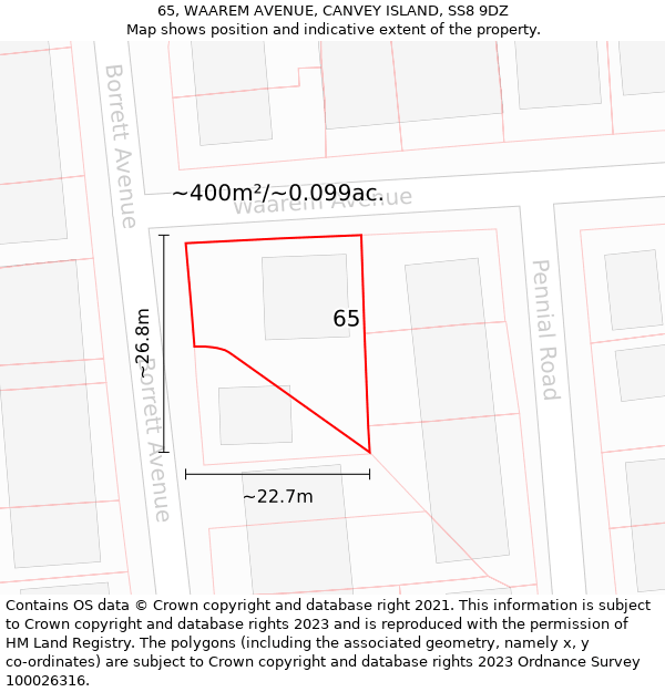 65, WAAREM AVENUE, CANVEY ISLAND, SS8 9DZ: Plot and title map