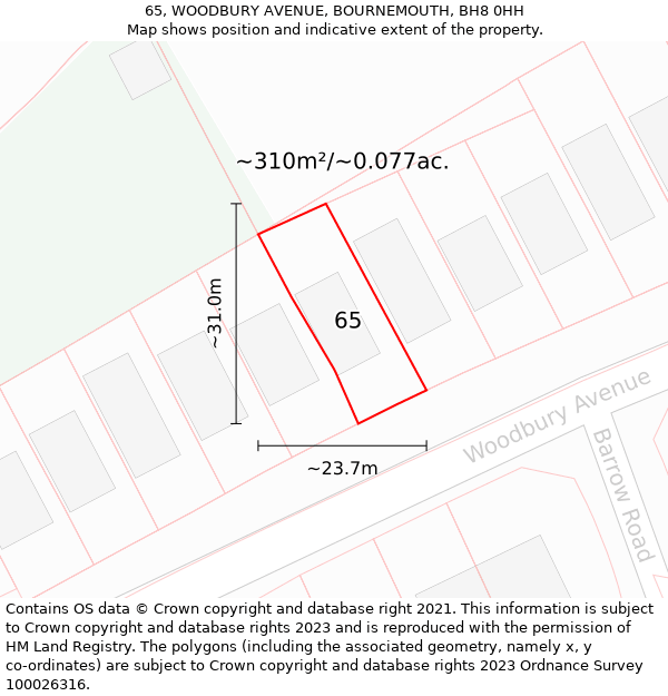 65, WOODBURY AVENUE, BOURNEMOUTH, BH8 0HH: Plot and title map