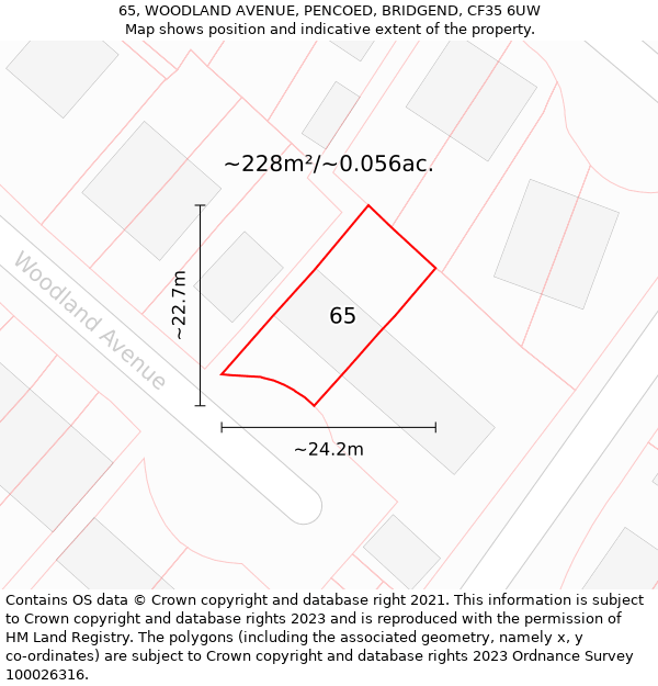 65, WOODLAND AVENUE, PENCOED, BRIDGEND, CF35 6UW: Plot and title map