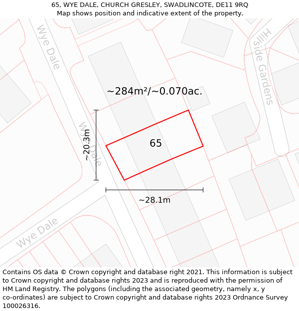 65, WYE DALE, CHURCH GRESLEY, SWADLINCOTE, DE11 9RQ: Plot and title map