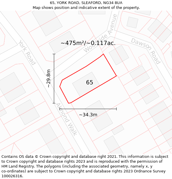 65, YORK ROAD, SLEAFORD, NG34 8UA: Plot and title map