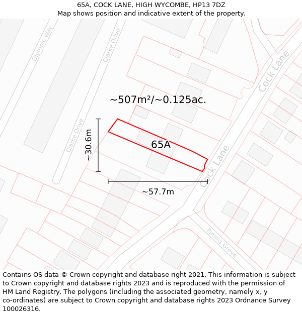 65A, COCK LANE, HIGH WYCOMBE, HP13 7DZ: Plot and title map