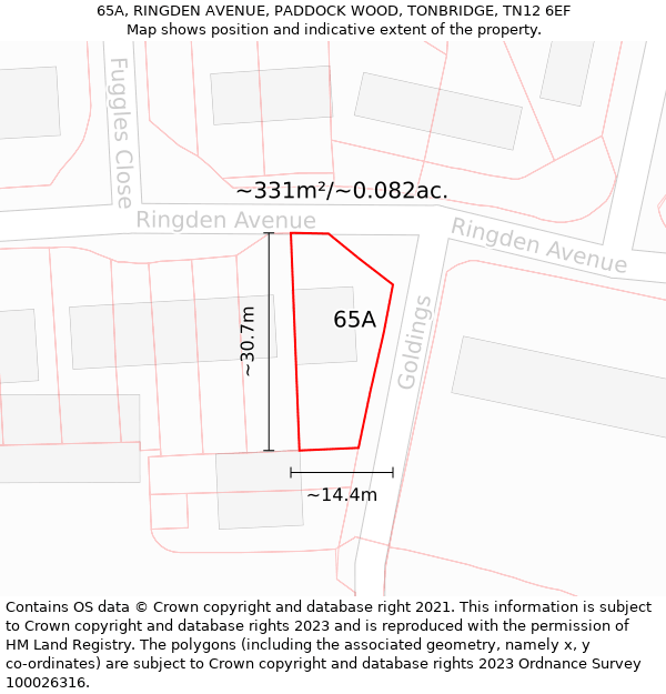 65A, RINGDEN AVENUE, PADDOCK WOOD, TONBRIDGE, TN12 6EF: Plot and title map