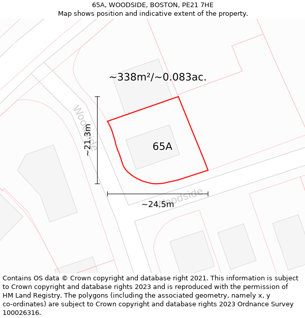 65A, WOODSIDE, BOSTON, PE21 7HE: Plot and title map