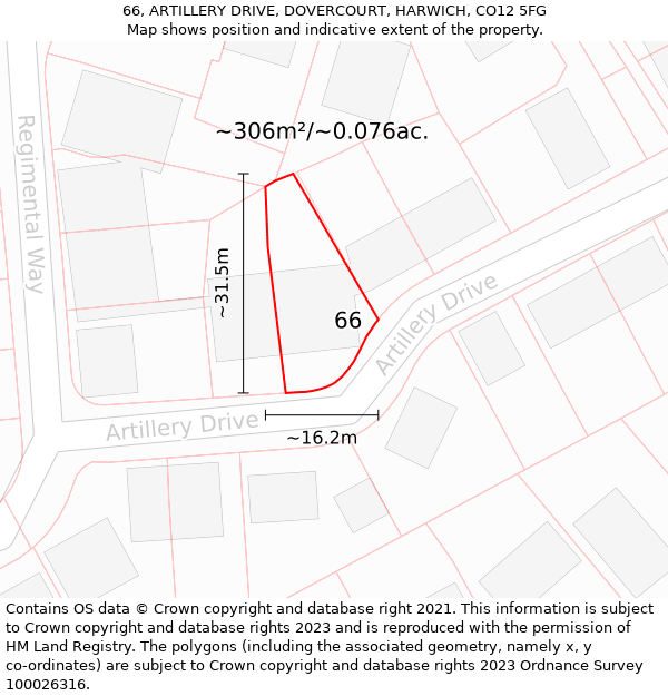 66, ARTILLERY DRIVE, DOVERCOURT, HARWICH, CO12 5FG: Plot and title map