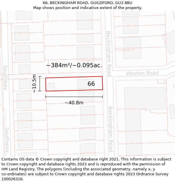 66, BECKINGHAM ROAD, GUILDFORD, GU2 8BU: Plot and title map