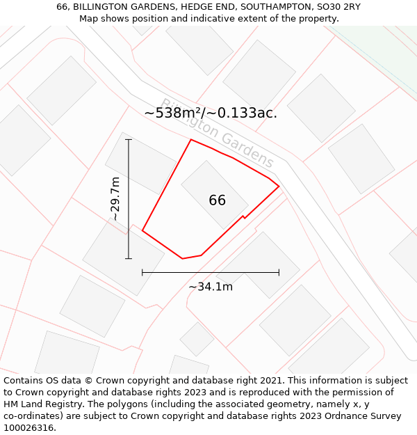 66, BILLINGTON GARDENS, HEDGE END, SOUTHAMPTON, SO30 2RY: Plot and title map