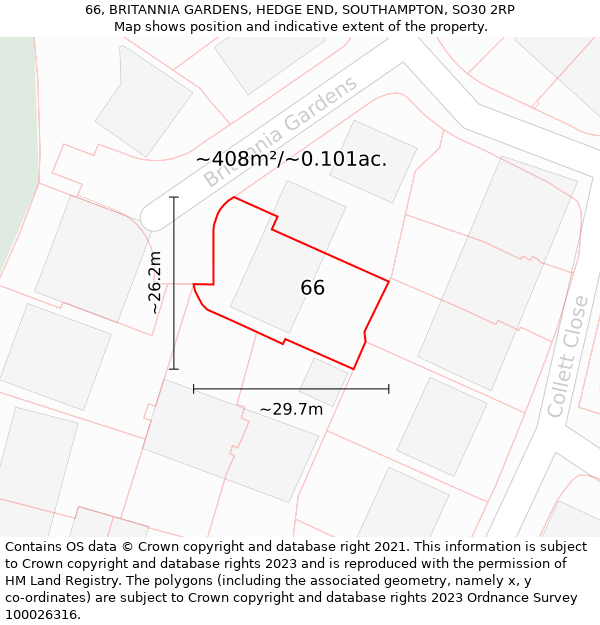 66, BRITANNIA GARDENS, HEDGE END, SOUTHAMPTON, SO30 2RP: Plot and title map