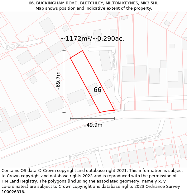 66, BUCKINGHAM ROAD, BLETCHLEY, MILTON KEYNES, MK3 5HL: Plot and title map