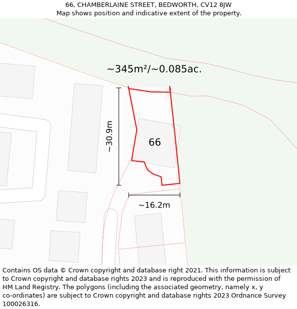 66, CHAMBERLAINE STREET, BEDWORTH, CV12 8JW: Plot and title map