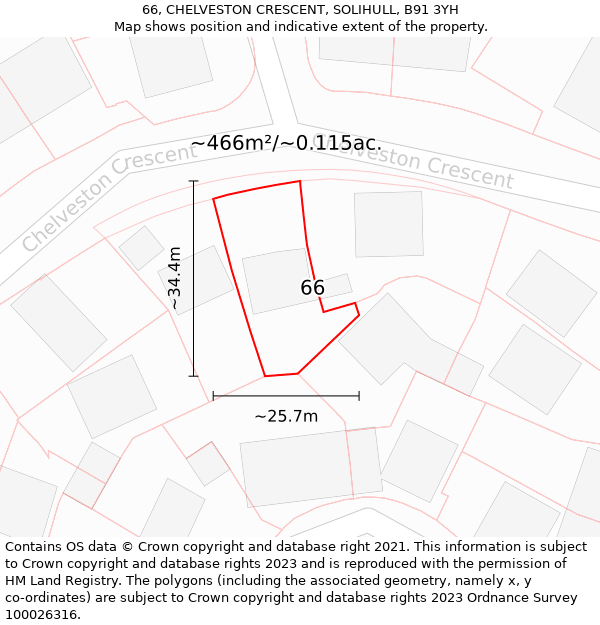 66, CHELVESTON CRESCENT, SOLIHULL, B91 3YH: Plot and title map