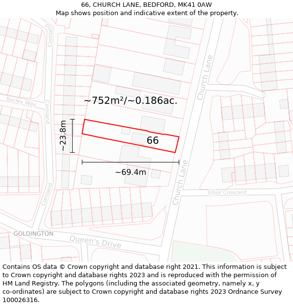 66, CHURCH LANE, BEDFORD, MK41 0AW: Plot and title map