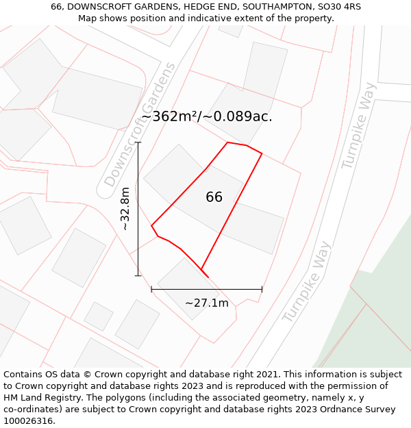 66, DOWNSCROFT GARDENS, HEDGE END, SOUTHAMPTON, SO30 4RS: Plot and title map