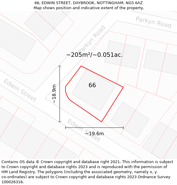 66, EDWIN STREET, DAYBROOK, NOTTINGHAM, NG5 6AZ: Plot and title map