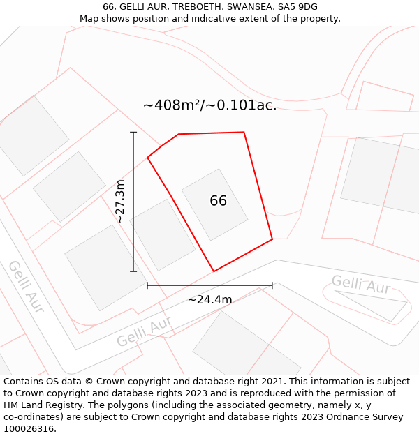 66, GELLI AUR, TREBOETH, SWANSEA, SA5 9DG: Plot and title map