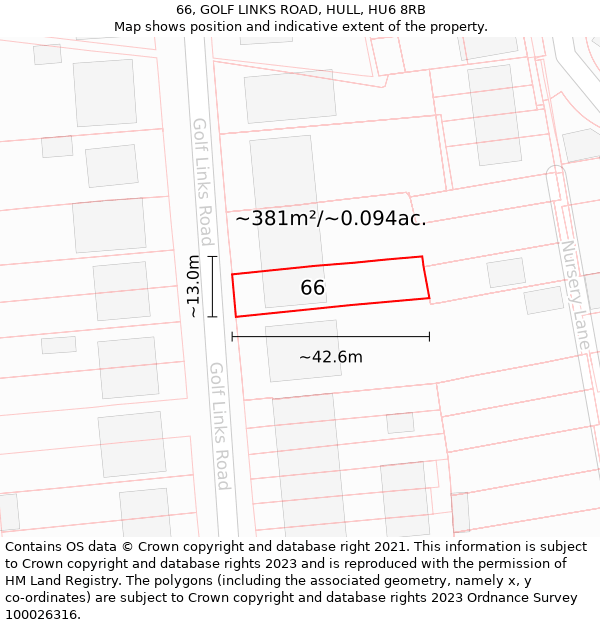 66, GOLF LINKS ROAD, HULL, HU6 8RB: Plot and title map