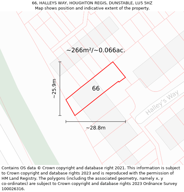 66, HALLEYS WAY, HOUGHTON REGIS, DUNSTABLE, LU5 5HZ: Plot and title map