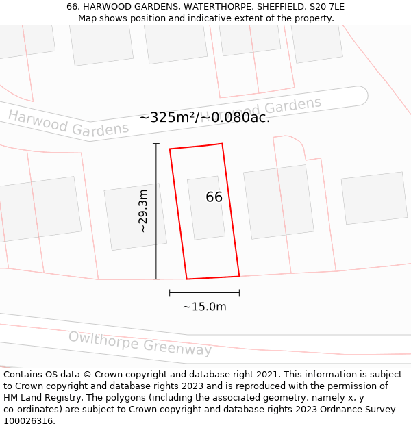 66, HARWOOD GARDENS, WATERTHORPE, SHEFFIELD, S20 7LE: Plot and title map