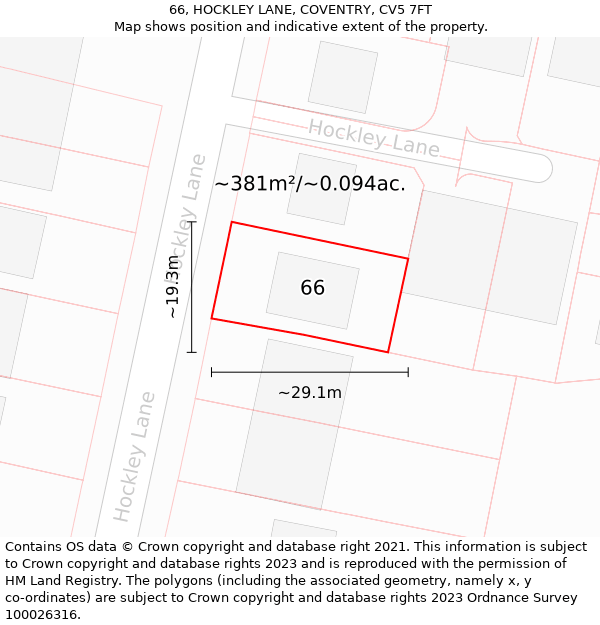 66, HOCKLEY LANE, COVENTRY, CV5 7FT: Plot and title map