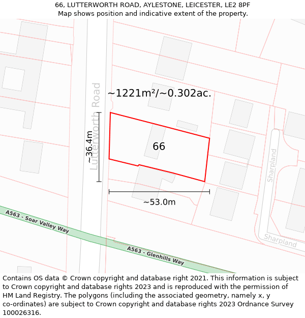 66, LUTTERWORTH ROAD, AYLESTONE, LEICESTER, LE2 8PF: Plot and title map
