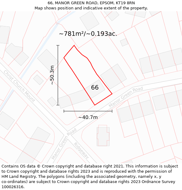 66, MANOR GREEN ROAD, EPSOM, KT19 8RN: Plot and title map