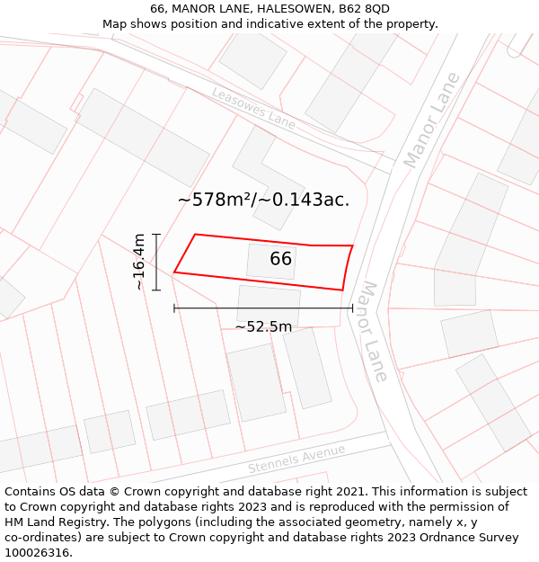 66, MANOR LANE, HALESOWEN, B62 8QD: Plot and title map