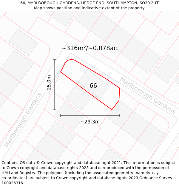 66, MARLBOROUGH GARDENS, HEDGE END, SOUTHAMPTON, SO30 2UT: Plot and title map